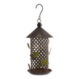 Accent Plus Round Metal Bird Feeder with Green Leaf Ornaments