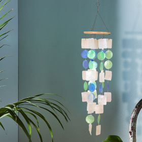 Coastal Inspired Wind Chime with Wooden Round Top and Ring Handle; Multi-color