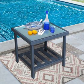 Modern Square End Tables for Living Room;  Black Rustic Aluminum Outdoor Side Table with Storage Space;  Patio Tempered Glass Accent Table;  17.7'' x