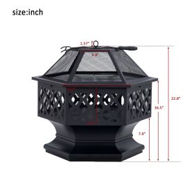 U-style Outdoor Steel Wood Burning Fire Pit with Spark Screen and Poker for Camping Patio Backyard Garden (Hexagonal Shaped) YF