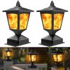 Solar Post Flame Light, Outdoor Deck Fence Post Cap Top LED Light wih Flickering Flame, Waterproof Black Post Top LED Light, Outdoor Garden Firefly St