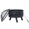 U-style Round Outdoor Steel Wood Burning Fire Pit with Spark Screen for Backyard Garden Camping Bonfire Patio,Black AL