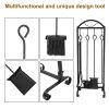 5 Pieces Fireplace Tools Indoor Outdoor Large Wrought Iron Firewood Toolset with Decor Holder Black Fireset Pit Stand Fire Place Log Tongs Tools Kit S