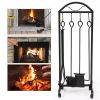 5 Pieces Fireplace Tools Indoor Outdoor Large Wrought Iron Firewood Toolset with Decor Holder Black Fireset Pit Stand Fire Place Log Tongs Tools Kit S