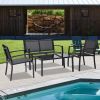 4 Pieces Patio Furniture Set Outdoor Garden Patio Conversation Sets Poolside Lawn Chairs with Glass Coffee Table Porch Furniture (Black)