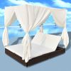 Outdoor Lounge Bed with Curtains Poly Rattan Brown