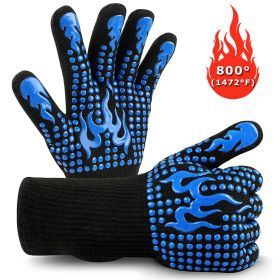 BBQ Gloves Extreme Heat Resistant Protective Cooking Gloves Food Grade Kitchen Oven Mitts Silicone Non-Slip for BBQ Cooking Baking (Color: Blue)