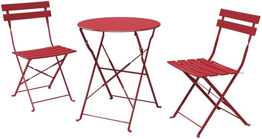 SR Steel Patio Bistro Set, Folding Outdoor Patio Furniture Sets, 3 Piece Patio Set of Foldable Patio Table and Chairs (Color: Dark red)