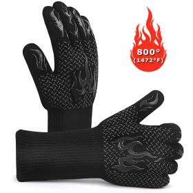 BBQ Gloves Extreme Heat Resistant Protective Cooking Gloves Food Grade Kitchen Oven Mitts Silicone Non-Slip for BBQ Cooking Baking (Color: Black A)