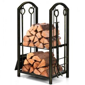 Fireplace Log Rack with 4 Pieces Fireplace Tools (Color: Bronze)