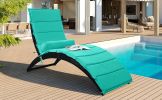 Patio Wicker Sun Lounger, PE Rattan Foldable Chaise Lounger with Removable Cushion and Bolster Pillow, Black Wicker and Beige Cushion